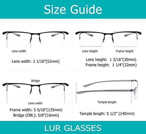 LUR 3 опаковки очила за четене в полукръгла рамка + 3 опаковки на метални очила за четене в полукръгла рамка (общо 6 двойки ридеров + 1,50)