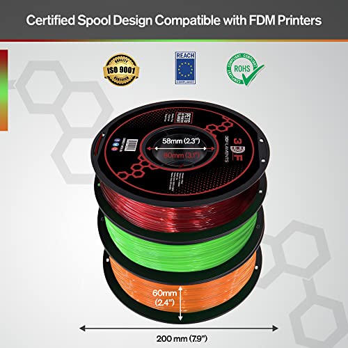 Конци за 3D печат 3DF - конец PETG 1,75 мм | Точност +/- 0,02 мм | 1,5 кг (с 0,5 кг на рула) | Опаковка от 3 броя|, Прозрачно Червена, прозрачно, Зелено, прозрачно оранжева опаковка