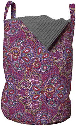 Чанта за дрехи Ambesonne цвят в стил хипи, Иллюстрирующая Традиционна атмосфера Мастило дизайн Пейсли, Кошница за дрехи с дръжки, закрывающаяся на шнур, за пране, 13 x 19, Лилави и Многоцветен