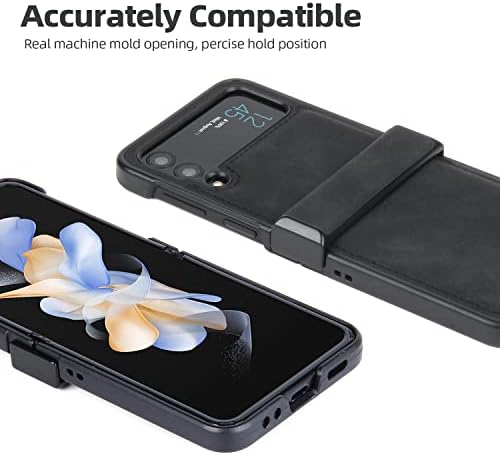 Съвместим с Samsung Galaxy Z Flip 4 Case със защитата на панти, Ултра-Класически обикновен кожен калъф Flip 4 Case Поддържа безжична зареждане (черен)