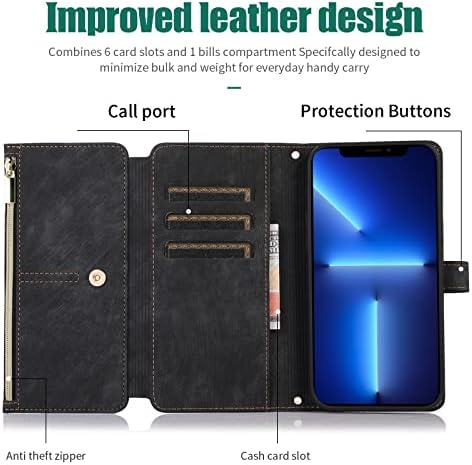 Чанта-портфейл XYX за Samsung A14 5G, Портфейл с цип с веригата през рамо, Кожена чанта за Носене на китката, Шкаф с 9 Отделения за карти Galaxy A14 4G, Черен
