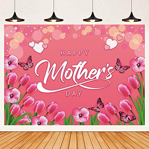 Винил фон за Деня на майката размер 7x5 фута, Фон за снимки на Ден на Щастливата майка, Вечерни Украса, Банер за Деня на Майката за Фотобудки (Розова пеперуда с цветен модел във формата на сърце, 7x5 фута)