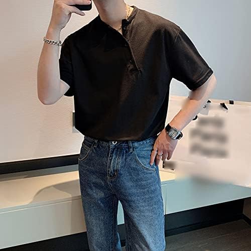 DGHM-JLMY Мъжки Однотонная Тениска с Наклонени Копчета и къс ръкав, Лятна Ежедневни Модерна Риза Без яка, Британска Тениска