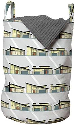 Чанта за дрехи Ambesonne House, Модерна архитектура на сив фон, Кошница за дрехи с дръжки, закрывающаяся на шнур, за пране, 13 x 19, Светло-сиво-крем Морска пяна