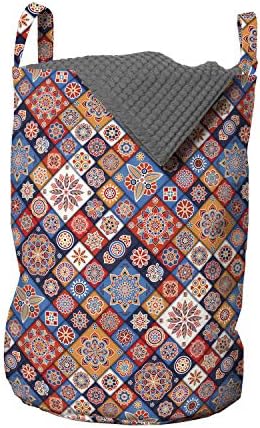 Съраунд Геометричен Чанта за дрехи, Изработени в стила на марокански на изкуството под формата на Диамант, Разноцветни Цветя в стил батика, Кошница за дрехи с дръжки, Закрывающаяся на шнур, за пране, 13 x 19, Многоцветен