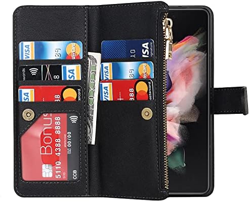 Дизайн на своята практика за телефон SailorTech Wallet за Samsung Galaxy Z Fold3 5G с Притежателя на S Pen, 9 картодържатели, 1 Портфейл за монети с цип, 2 Отделения за пари, Поставка, Каишка, флип-надолу Кожена Шапка,