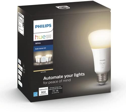 Стартов комплект умни лампи Philips Hue Soft White A19 E26 с регулируема яркост 4 бр. и възел (гласова съвместимост с Алекса, Apple Homekit и Google Home)