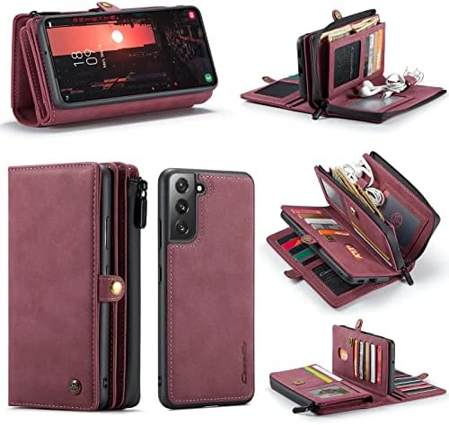 Чанта-портфейл YEON CaseMe за Samsung Galaxy S22 Ultra, мултифункционален кожен калъф-книжка с панти капак с цип, отделения за карти и подвижна магнитна задния капак (S22 Ultra, червен)