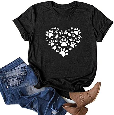 Женска тениска с изображение, Лапи, Къс Ръкав, Забавен Сладък Модел, който е Кръгъл Отвор, Ежедневни Свободна Лятна Тениска