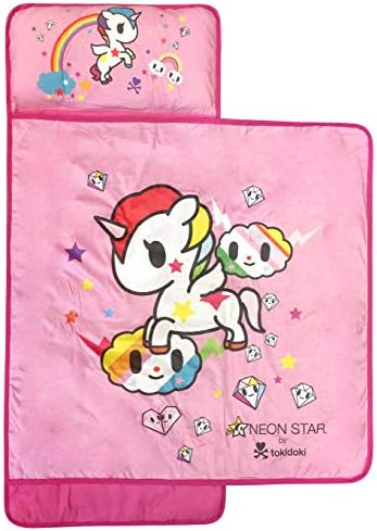Tokidoki Neonstar Unicorno Rainbow Nap Mat - Вградена възглавница и одеяло с участието на Unicorno - Супер Меко детско спално бельо от микрофибър за деца на 3-5 години (официален продукт Tokidok
