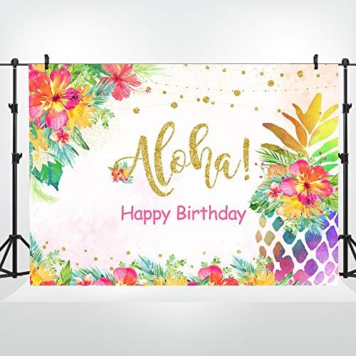 Lofaris 7x5ft Aloha Фон За парти честит Рожден Ден Годишният Тропически Хавайски Цветя Фон За Снимки Gloden Dots пъстри Цветни Банери За Душата на Детето, Украса на Маса За Торта Подпори За фото студио